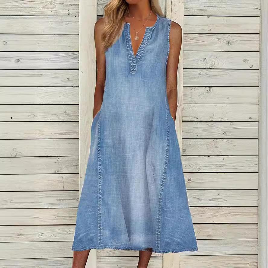 QICED Summer Solid Color Sleeveless V-neck Loose Casual Denim Dress