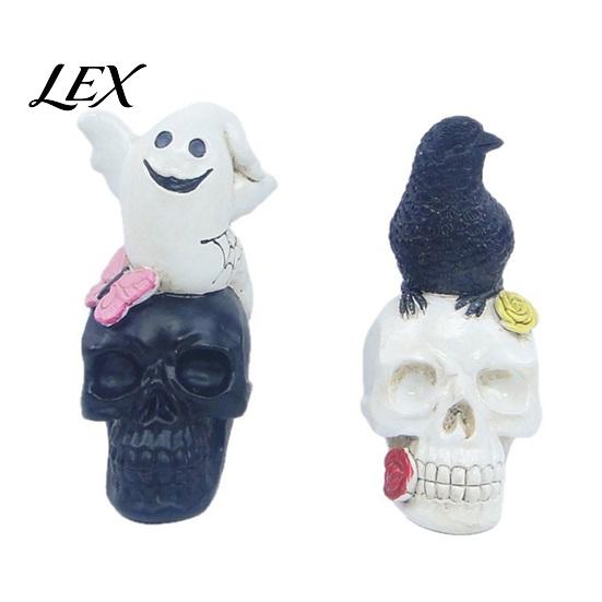 Artistic Home Ornament Gothic Halloween Skull Figurine, Spooky Ghost/Raven on Statue, Atmosphere Props Resin Tabletop for Desk, Mantel, Shelf