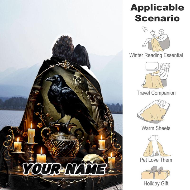 1PC Custom Name Ethereal Raven Skull flannel blanket versatile,all-season throw suitable for the living room,bedroom,camping,travel,and gift