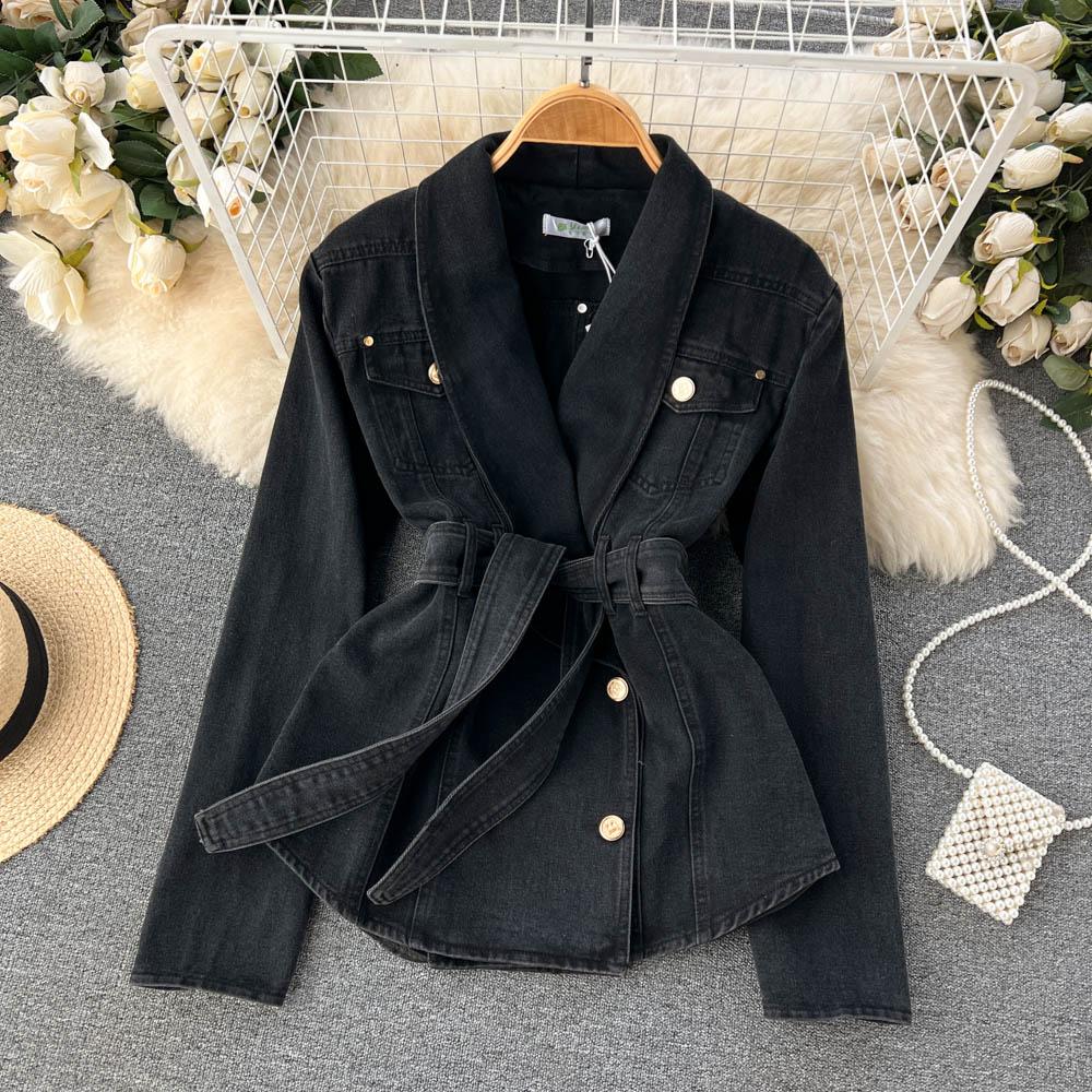 Осенняя новая корейская версия двубортной джинсовой куртки с тонким поясом на талии и краем листа лотоса с v-образным вырезом