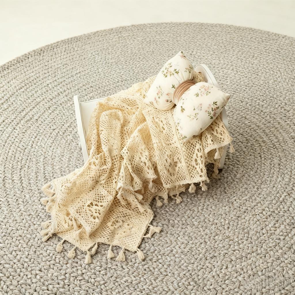 Одеяло для новорожденных с винтажным кружевом и кисточками - Квадратный дизайн Детское одеяло для пеленания Практичный наполнитель для полой корзины и реквизит для фотосъемки
