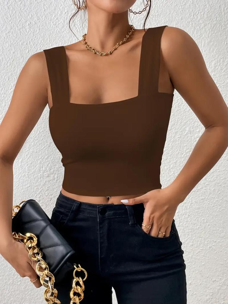 Square Neck Tank Top Wide Shoulder Straps Crop Tops Women Summer Camis Solid Color Camisole Fashion Tube Female Sleeveless Cropped Vest Y2K Clothes