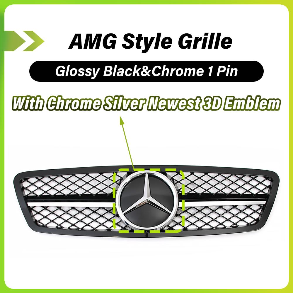 FCM5 Glossy Black&Chrome 1 Pin AMG Style Upper Grille With Emblem Logo For Mercedes Benz C-Class W203 01-07 C200 C240 C280 C320 C350