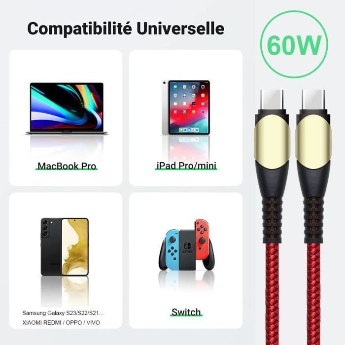 2 Câble USB-C vers USB-C Charge Rapide 60W pour iPhone 16/16e, iPhone 16 Plus, iPhone 15 Pro, iPhone 15 Pro Max - Nylon 1M Rouge
