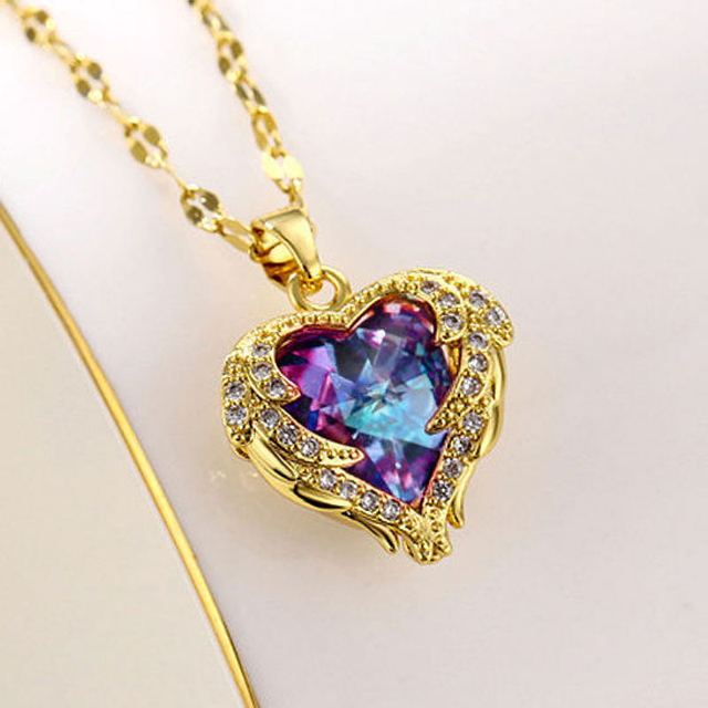 Fashion Simple Creative Ocean Heart Necklace Exquisite Heart Angel Wings Colorful Crystal Pendant High Quality Gifts For Girls