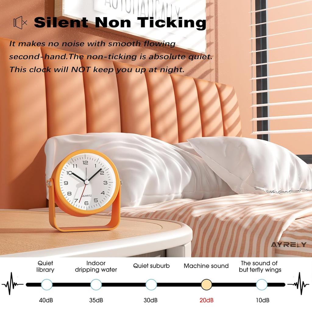 3.5 Inch Analogue Alarm Clock Silent Non-Ticking Bedside Clock Adjustable Angle Desk Clock with Light