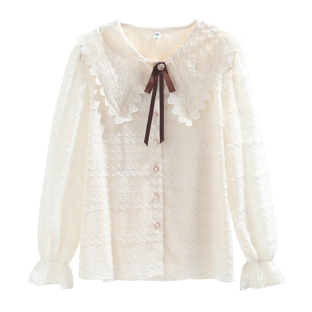 Летние женские кружевные повседневные рубашки с французским кукольным воротником, модная лоскутная блузка снизу