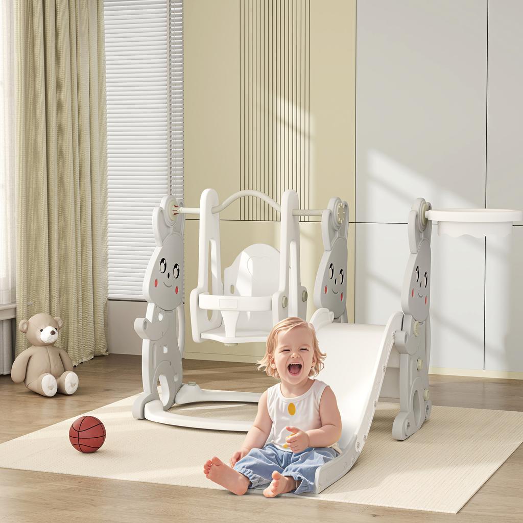 4-in-1 playset for toddlers. Slide. Swing. Climbing frame. Basketball hoop. Plastic. Rabbit design. Grey.