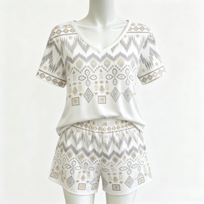 Summer Bohemian Elements Patterns Printed V Neck Short Sleeved T-Shirt And Shorts Set Women's and Men's T-shirt Shorts Set
