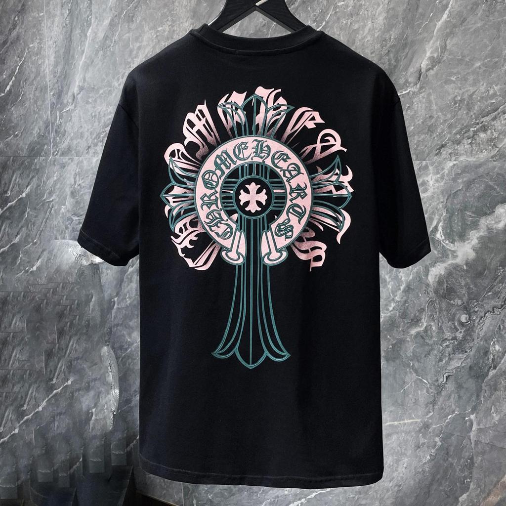 8737 CHROME HEARTS 2025 Летняя новая высококачественная хлопковая футболка с круглым вырезом, свободная, большого размера, для мужчин и женщин, футболка для пары