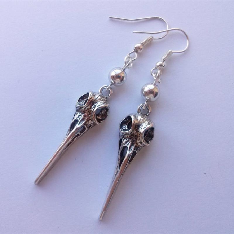 Заостренный клюв, Голова птицы, Череп, Голова вороны, Серьги-крючки для ушей, Темная готика, Индивидуальная упаковка.