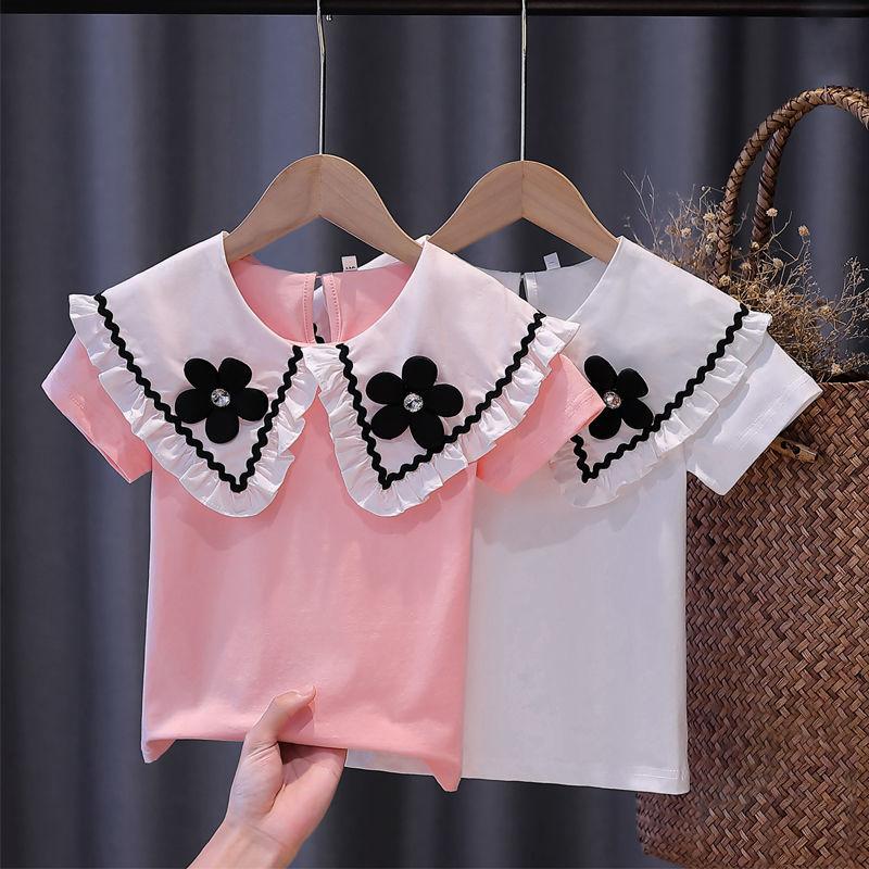 Летняя белая футболка с короткими рукавами для девочек, хлопковая детская кружевная блузка с лацканами для подростков, детская школьная одежда, топы