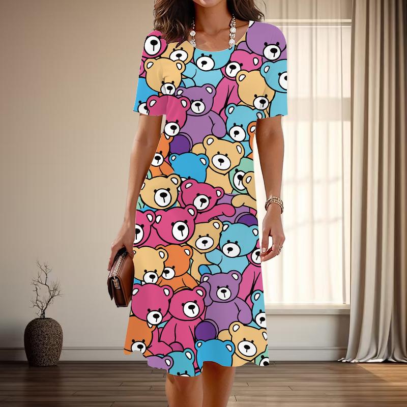 Женская мода изящный принт с маленьким медвежонком лето весна короткий рукав О-образный вырез повседневные платья