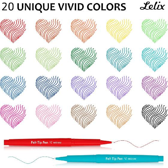 Lelix 20 Colors Felt Tip Pens, Medium Point Assorted Colors Markers Pens For Journaling, Writing, Note Taking, Planner Coloring, Perfect for Art
