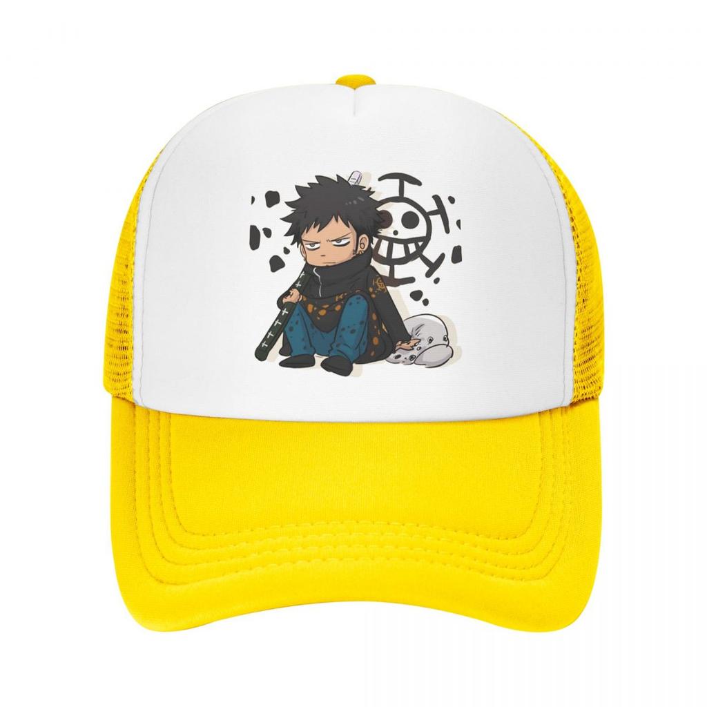 Luffy Anime Trucker Hats Trafalgar D Water Law Chibi Mesh Net Baseball Cap Snapback Kpop Peaked Hat Unisex Women One Size