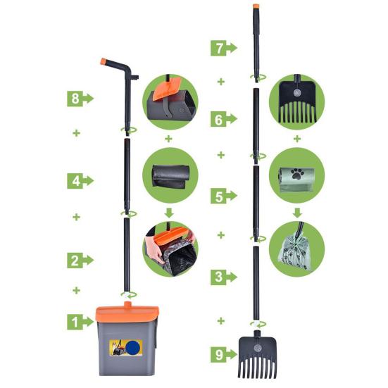 Совок для собачьих какашек, длинная ручка, вращающийся контейнер и грабли, комплект совок для собачьих какашек с 35 мешками для мусора для лужайки, двора, собачьей будки