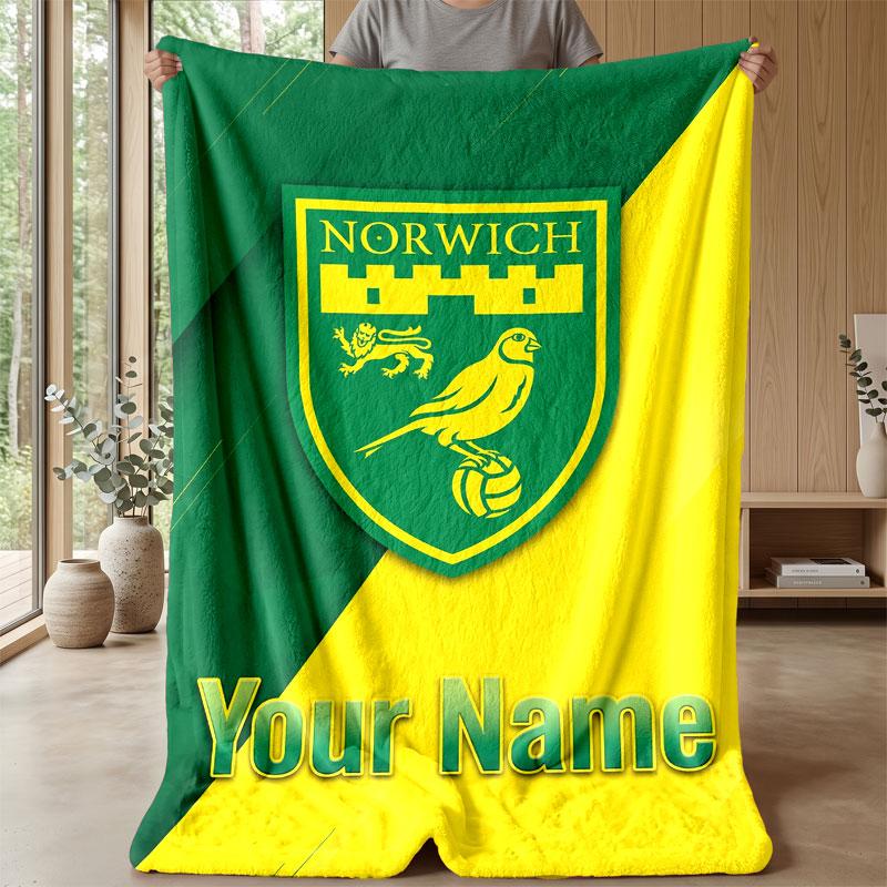 Norwich City Custom Name Text Flannel Blanket Soccer Logo Personalized Fleece Throw Blanket Special Gift For Sofa Bedroom Home