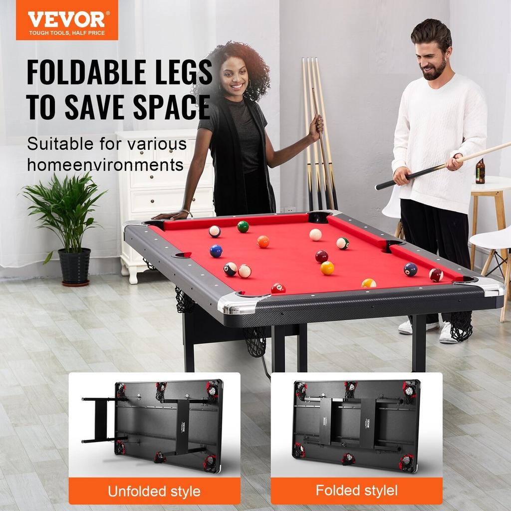 Billiards Table, 6.3 ft Pool Table, Portable Foldable Space-Saving Table, Billiard Table Set Includes Balls, Cues, Chalks and Brush, Black with Red