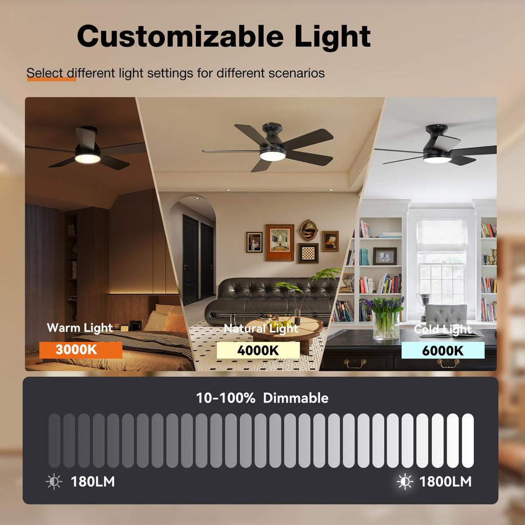 Современный потолочный светильник-вентилятор 52" 5 лопастей Бесшумный потолочный вентилятор Светодиодный светильник 6 скоростей DC Реверсивный вентилятор Черный/Дерево Встроенный монтаж