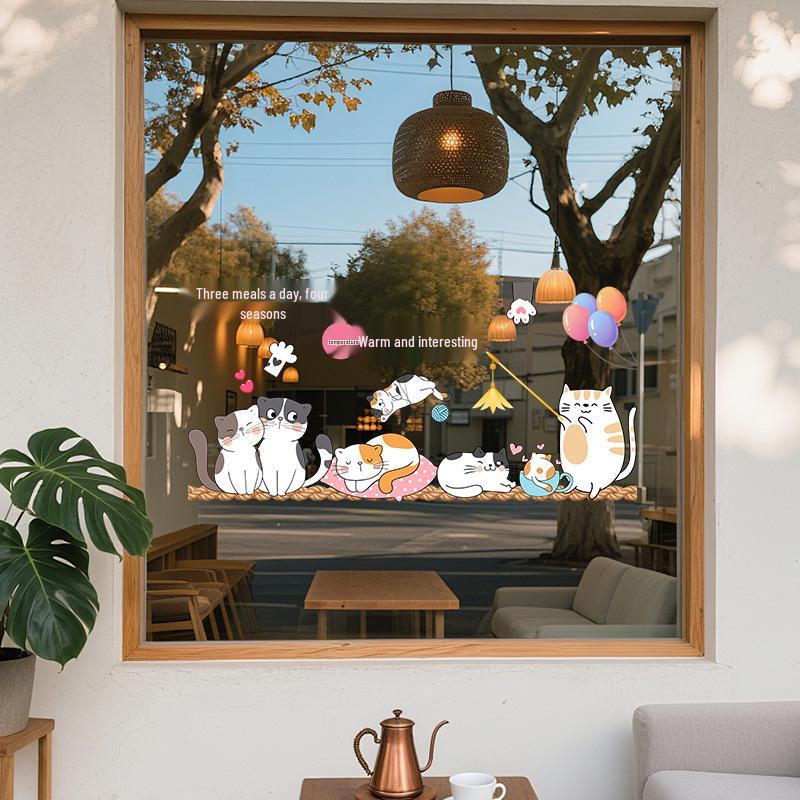 Милая Кошка Статичная Наклейка на Стекло - Без Клея, Цельный Лист для Раздвижных Дверей и Окон
