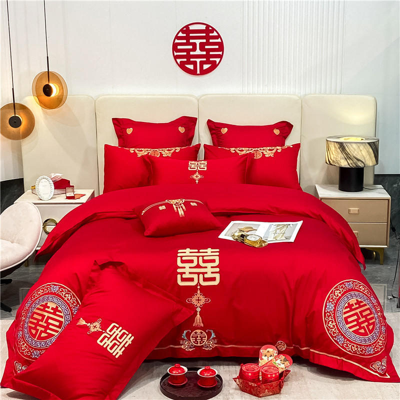 Комплект из четырех предметов с свадебной вышивкой, красное свадебное одеяло, постельное белье, свадебное пододеяльник, простыни, постельное белье для молодоженов, комплект из шести предметов для свадебной кровати