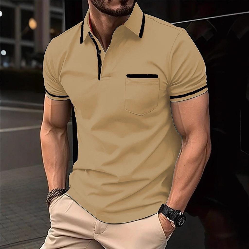 Мужская одежда Летняя Повседневная Футболка-поло с коротким рукавом и лацканами для гольфа, Топы с прострочкой и карманом