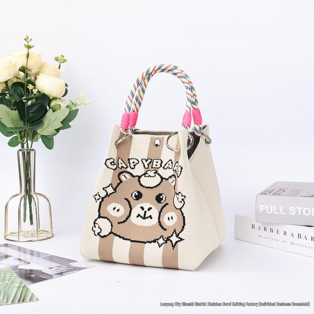 Korean-Style Cute Handbag with Magnetic Buckle, Large Capacity, Casual Woven Knit Bucket Bag for Work and Commute