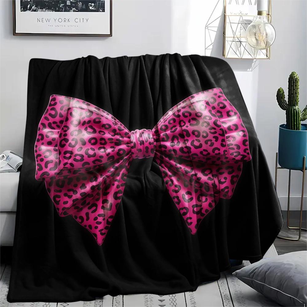 1Pc Pink Bow Print Flannel Blanket, High quality Comfortable for All Seasons, Home Decor, Warmth and Comfort, Perfect for Christmas Gifts W29