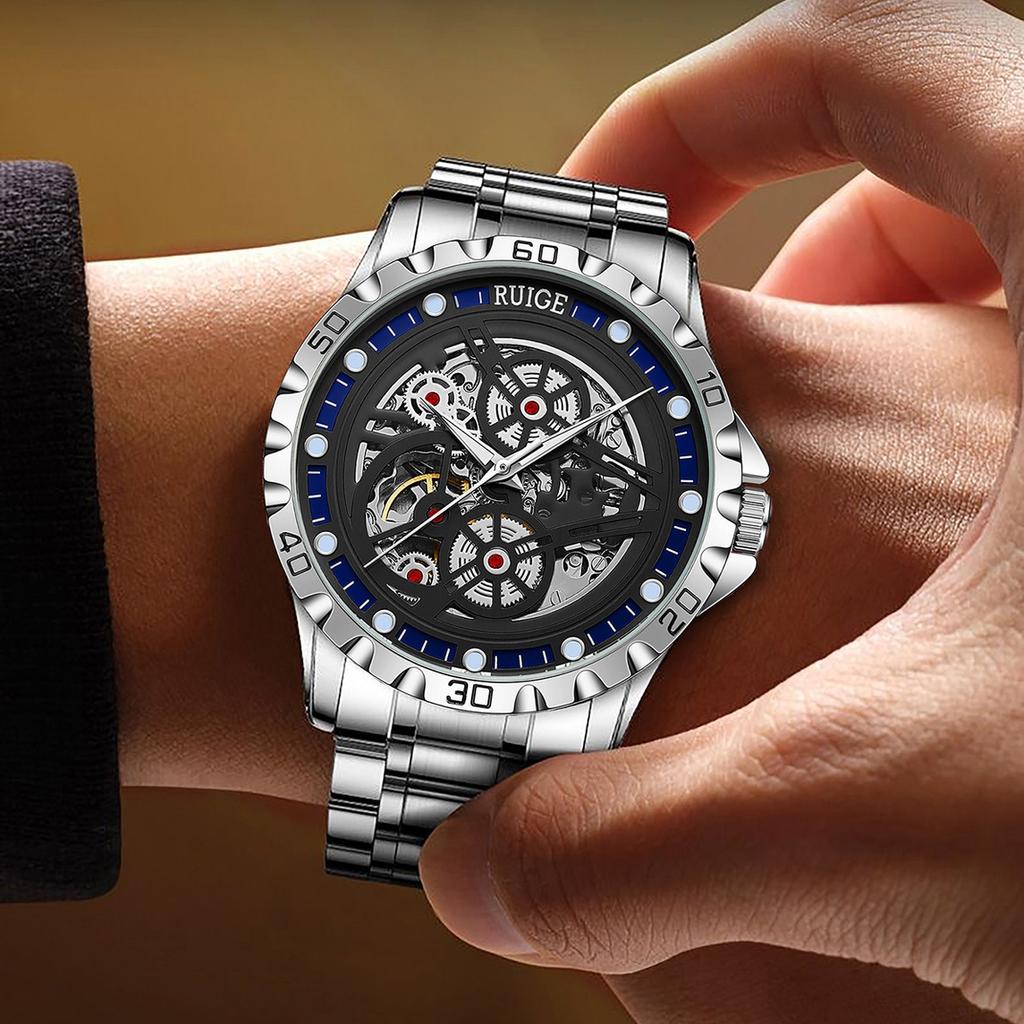 Мужские полностью автоматические механические часы с полым циферблатом, мужские светящиеся водонепроницаемые роскошные модные часы-скелетоны из нержавеющей стали