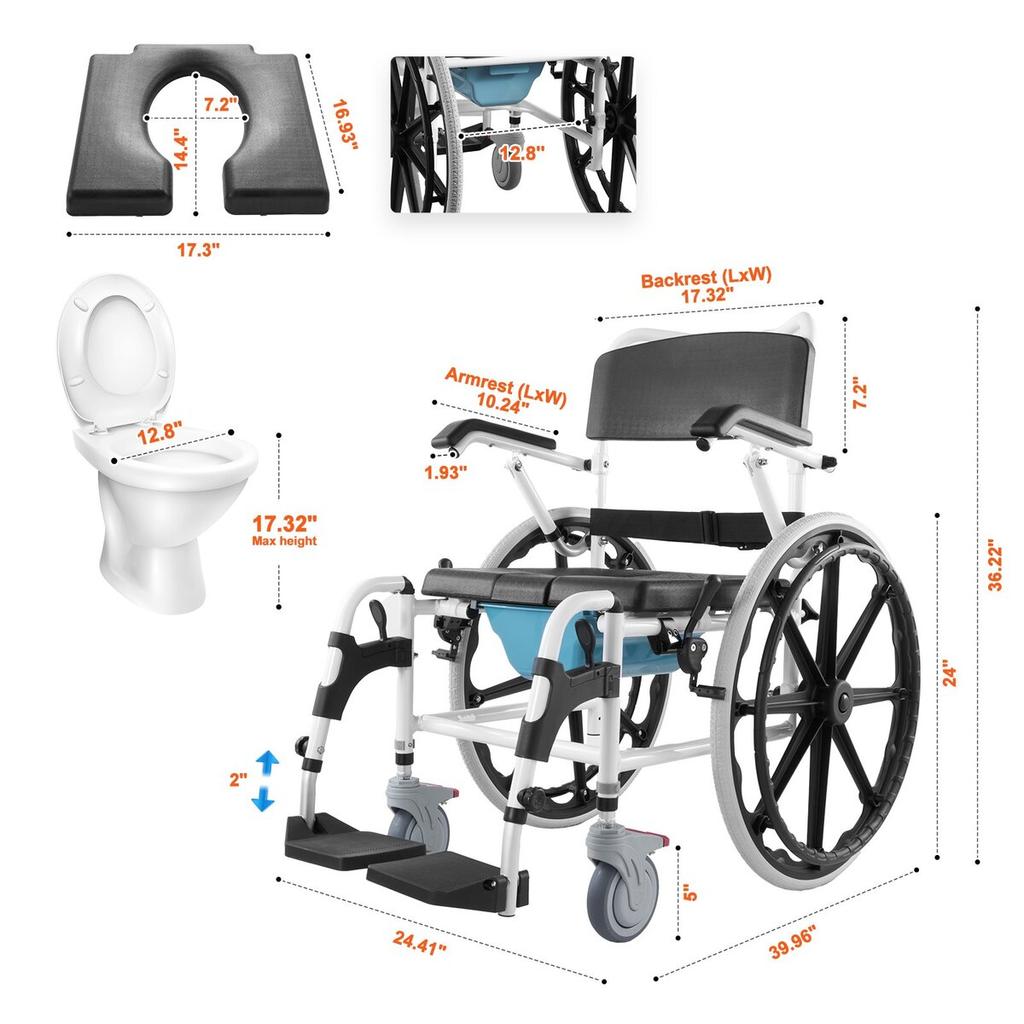 Shower Wheelchair 17.5in Al Alloy Commode Bathroom Wheelchair for Disabled