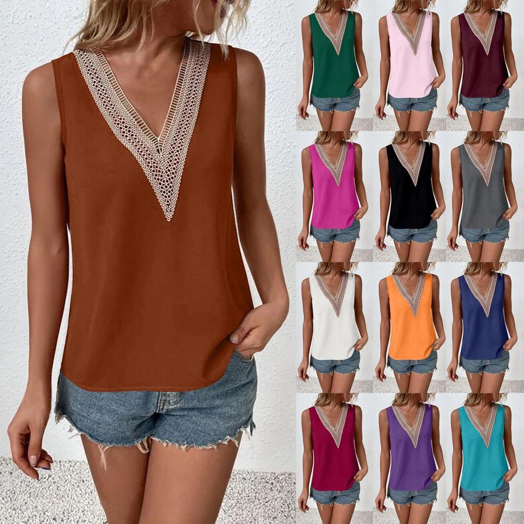 Women's Fashion Casual Sleeveless V-neck Lace Patchwork Shirt
