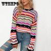 Многоцветный вязаный пуловер с блокировкой, женский осенний повседневный полосатый свитер с расклешенными рукавами