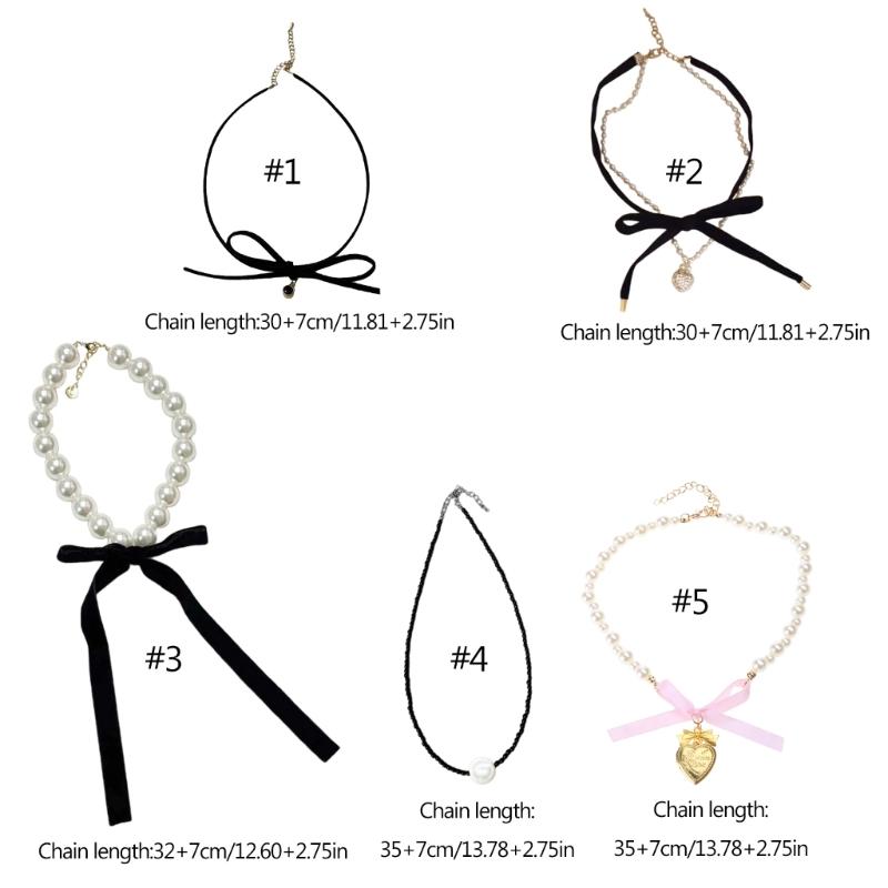 Elegant Bowknot Necklace Pearls Beads Heart Pendant Clavicle Chain French Style Collarbone Chains for Women Girls
