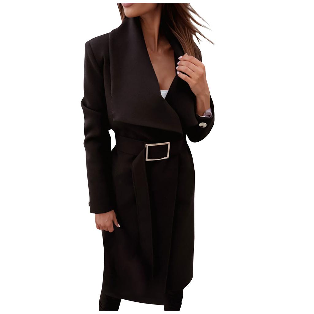 Women's Winter Long Sleeve Lapel Pocket Casual Coat Belt Woolen Coat