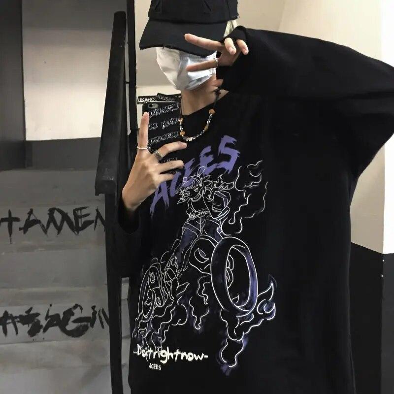 Harajuku, повседневные женские футболки, черные, готические, с мультяшным винтажным принтом, уличная одежда, мешковатые свободные футболки в стиле хип-хоп для пар, женские футболки с длинными рукавами