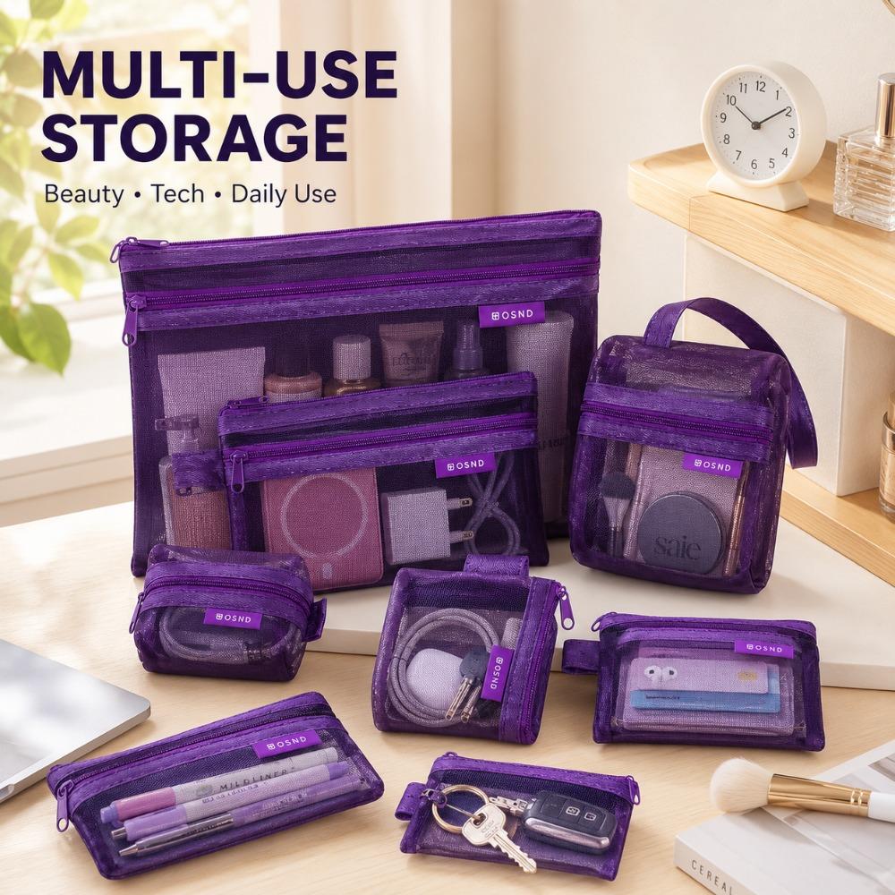 6PCS Transparent Mesh Storage Bags Portable Coin Card Cosmetic Organizer Pouches for Travel Office Handbag and Daily Use