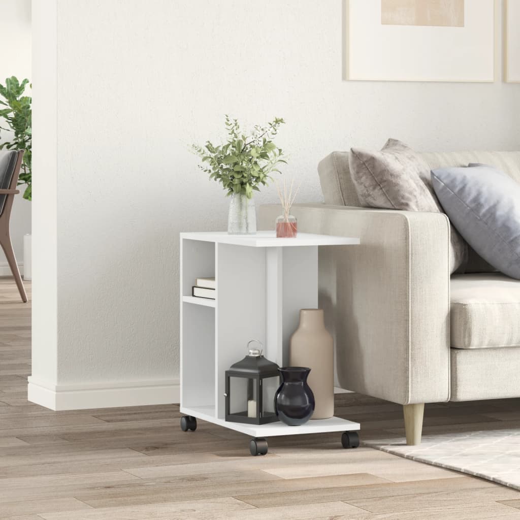 Mobile Side Table with Wheels, Open Storage System Suitable for Living Room, Bedroom, and Bathroom, White 50x30x55 Cm