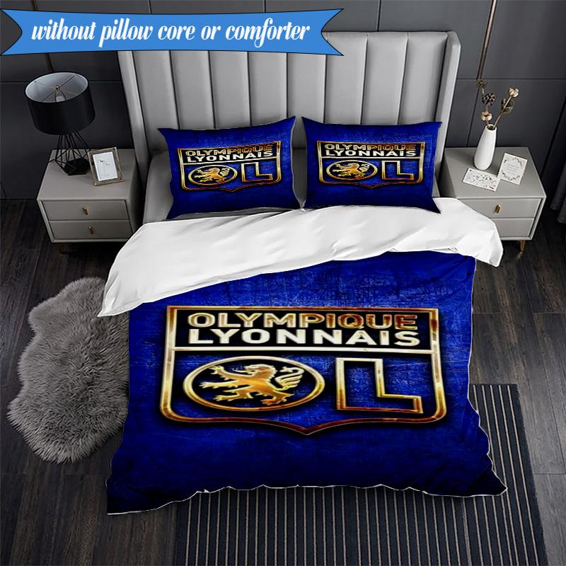 3PCS Lyon Football Crest Printed Soft Bedding Set,Including 1pc Duvet Cover And 2pcs Pillowcases Perfect for Bedroom, Dormitory, Fan gift