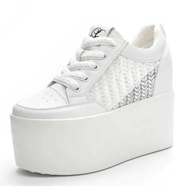 12cm New Air Mesh Leather Genuine Platform Wedge Flats Summer Spring Boot Ankle Women High Brand White High Heels Shoes