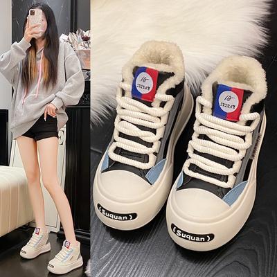 Корейская версия женских высоких кед на толстой подошве 2025 зима бархатные теплые и универсальные студенческие повседневные спортивные хлопковые туфли K1707