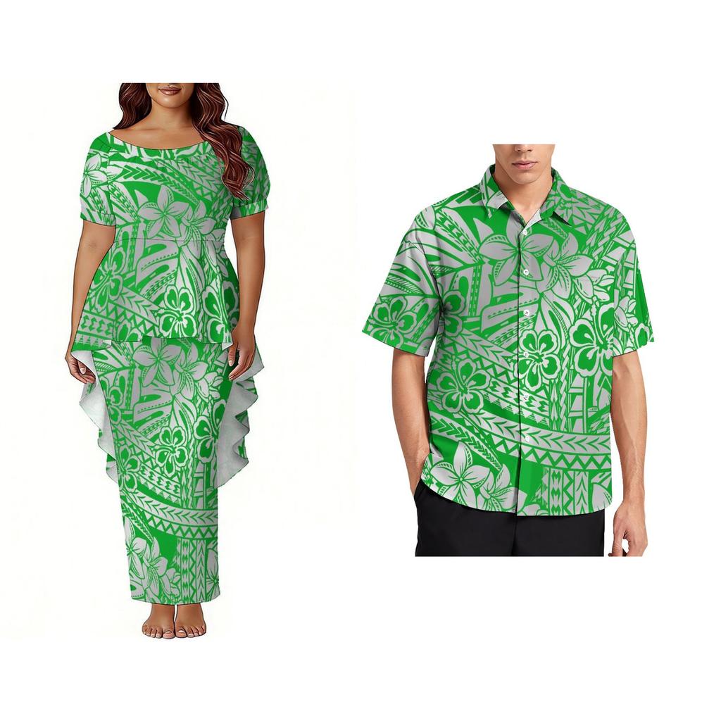 Custom Polynesian Bubble Short Sleeve Long Dress Lady Puletasi Dress Match Plus Size Men Stiff Neck Shirt Sets off Couples 2pcs
