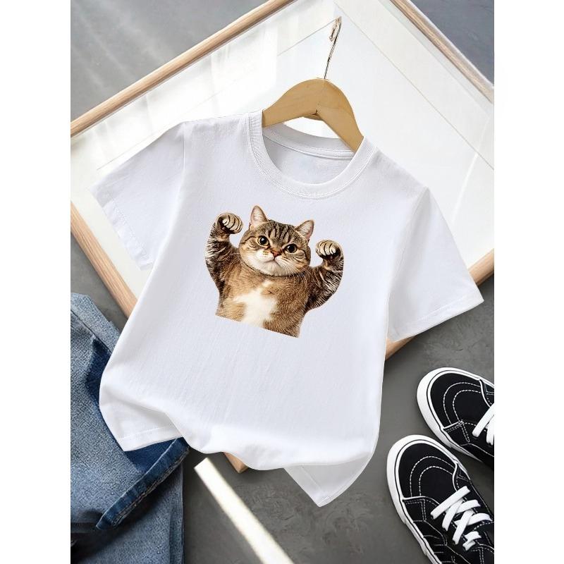 European sizes Boys' T-Shirt Cat Flexing Muscles with Paws Up, Ideal for Outdoor Activities, Soft Knitted Top, Comfortable And Breathable