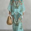 Women'S Set, Batwing Sleeve, Loose Fit, Elegant Floral And Paisley Print Pattern, Bohemian Style, Light Blue Outfit for Spring Summer Casual Wear