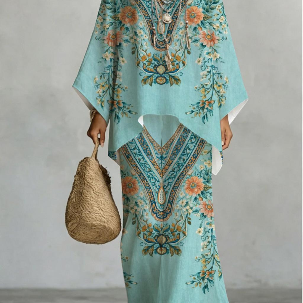 Women'S Set, Batwing Sleeve, Loose Fit, Elegant Floral And Paisley Print Pattern, Bohemian Style, Light Blue Outfit for Spring Summer Casual Wear