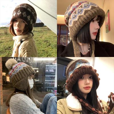 Шерстяная шапка-бини с контрастным узором Fair Isle для женщин, универсальная для сезона, для большого обхвата головы, стройнит лицо, защита ушей, теплая шапка-пуловер