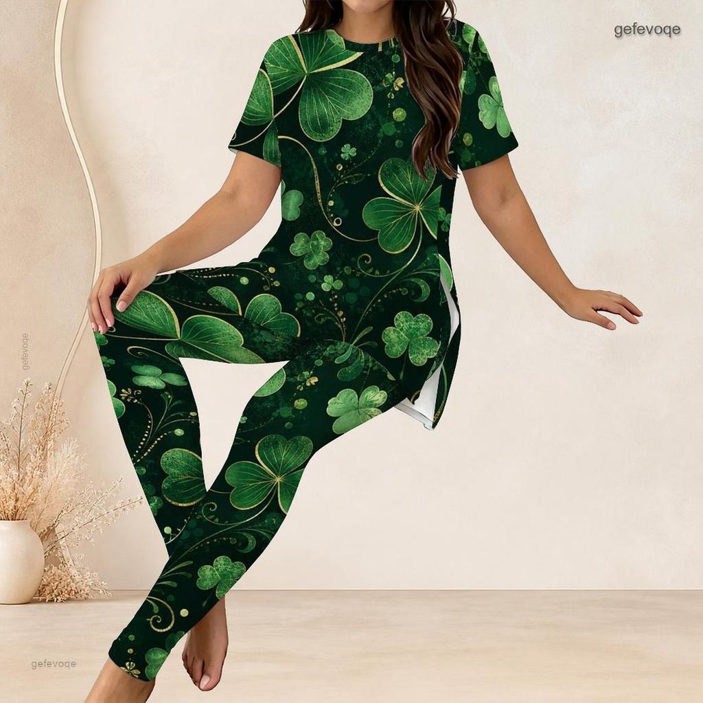Women Plus Size Black White Printed Round Neck Short Sleeve Top And Long Pants Two Piece Set