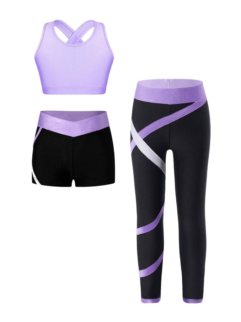 Kids 3 Piece Dance Outfit Tracksuit Girls Cross Nack Tank Sport Bra with Yoga Pants Leggings Ballet Shorts Set