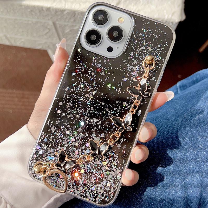 Прозрачный чехол из смолы с блестками для iPhone 17 Pro Max с браслетом, дизайн с прозрачным бантиком