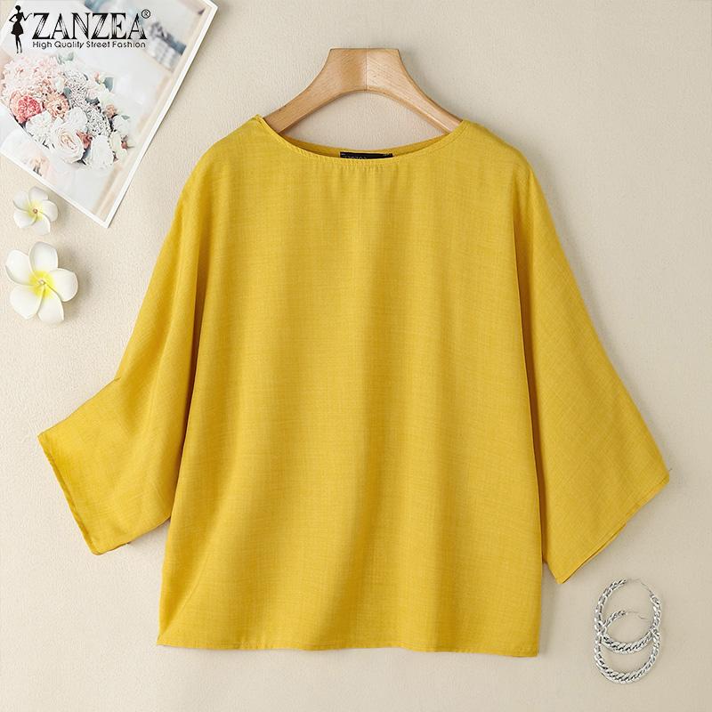 ZANZEA Women Casual Round Neck 3/4 Sleeve Loose Plain Blouse
