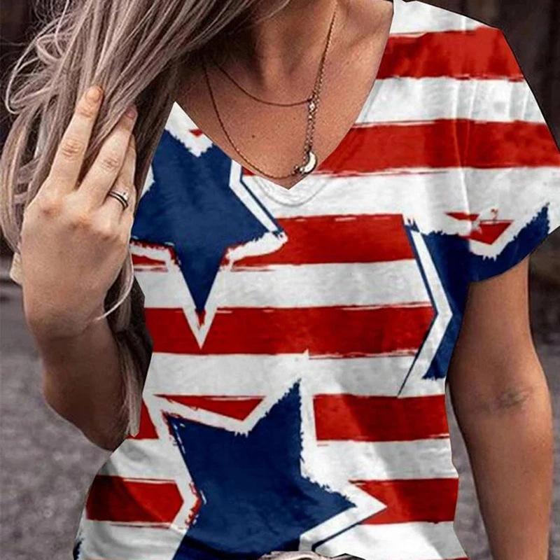Summer V-neck 3D American Flag Printed Top Fashionable Casual Short Sleeved Women's T-shirts